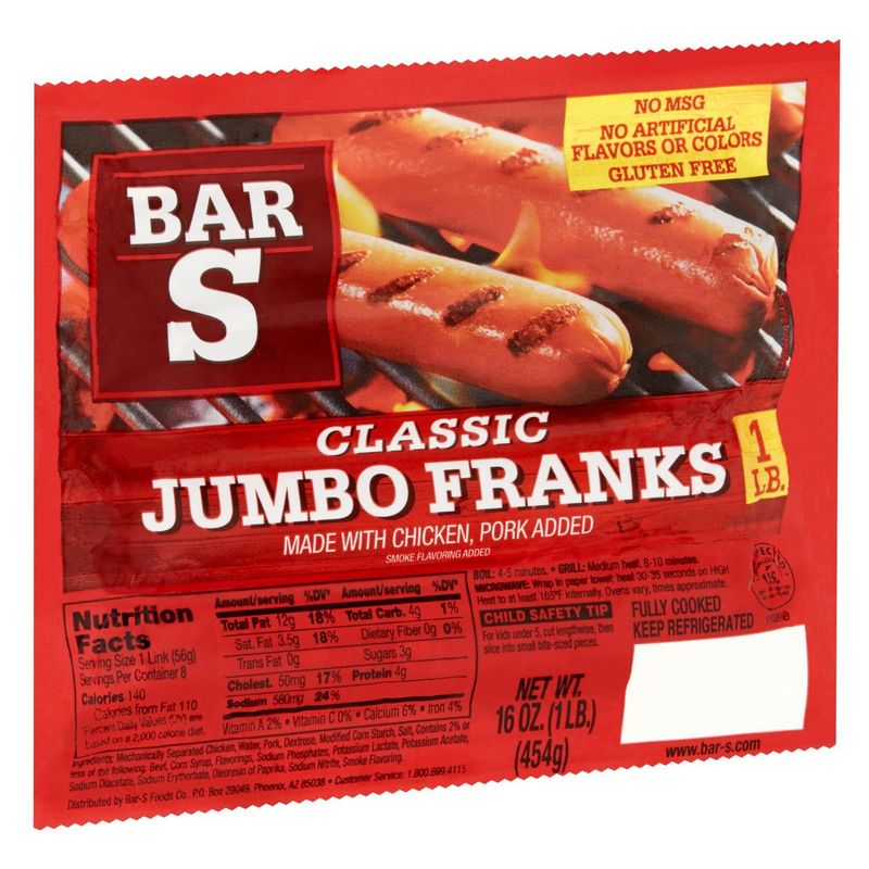 Bar-S Classic Jumbo Franks, 8 count, 16 oz