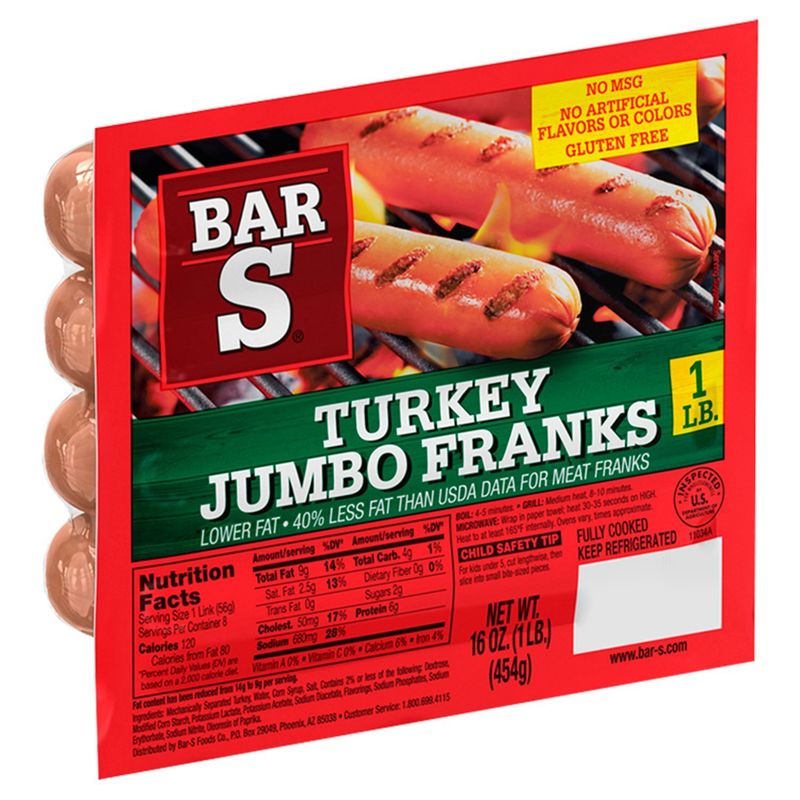 Bar-S Turkey Jumbo Franks, 8 count, 16 oz