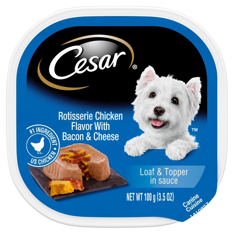 Cesar Loaf &amp; Topper in Sauce Rotisserie Chicken Flavor with Bacon &amp; Cheese Dog Food, 3.5 oz