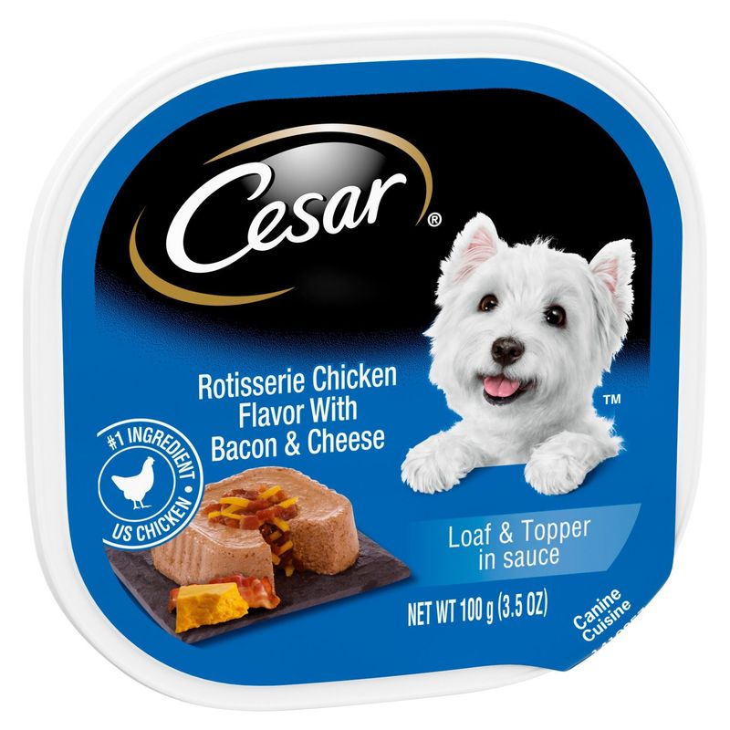 Cesar Loaf &amp; Topper in Sauce Rotisserie Chicken Flavor with Bacon &amp; Cheese Dog Food, 3.5 oz