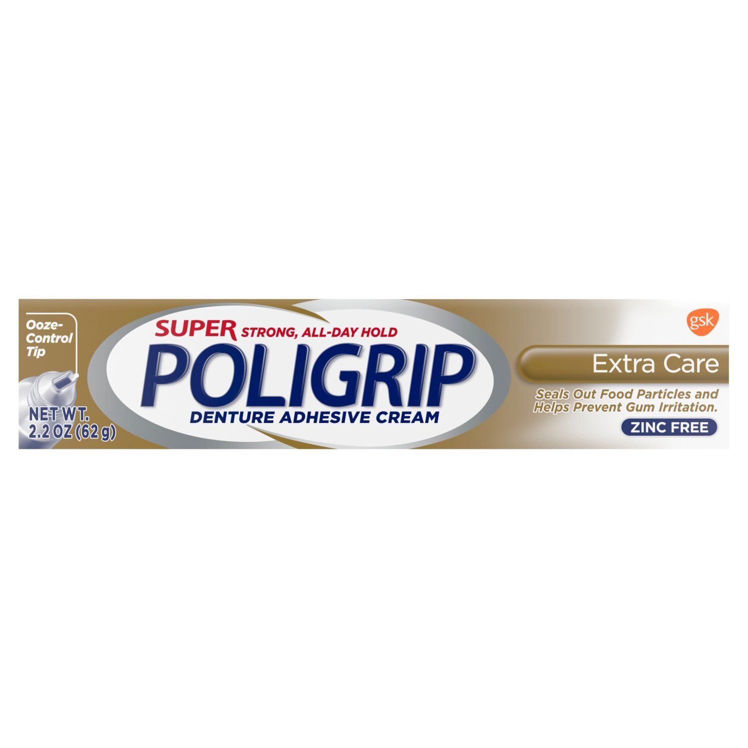 Super Poligrip Extra Care Zinc Free Denture and Partials Adhesive Cream, 2.2 ounce