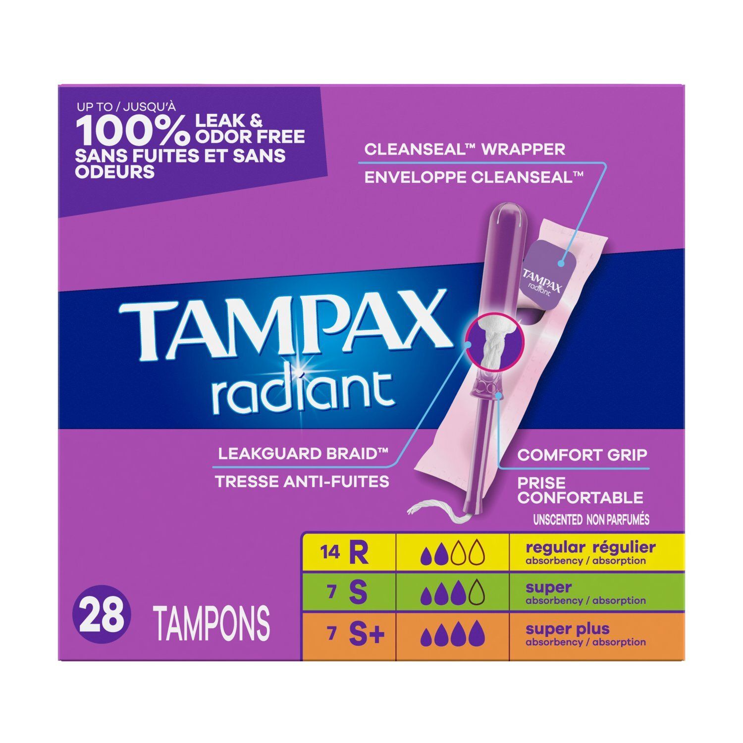Tampax Radiant Tampons Multipack, with LeakGuard Braid, Regular/Super/Super Plus Absorbency, Unscen