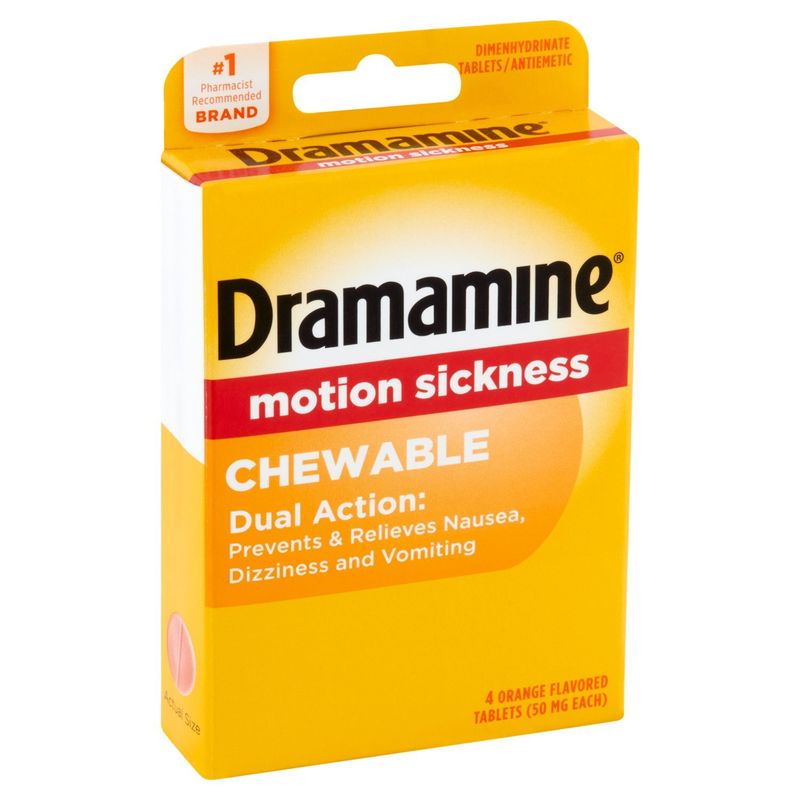 Dramamine Orange Flavored Motion Sickness Chewable Dimenhydrinate Tablets, 4 count
