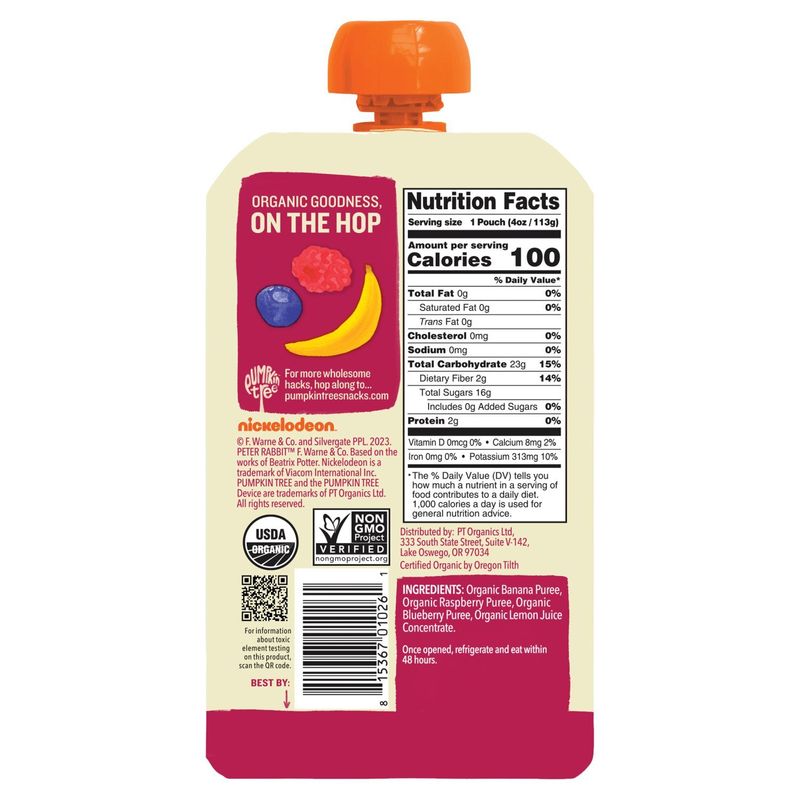 Pumpkin Tree Peter Rabbit Organics Banana, Raspberry &amp; Blueberry Organic Fruit Puree, 4 oz