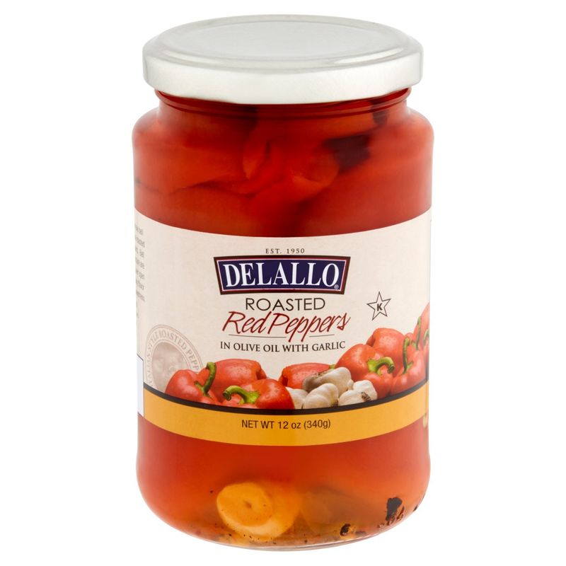 DeLallo Roasted Red Peppers in Olive Oil with Garlic, 12 oz