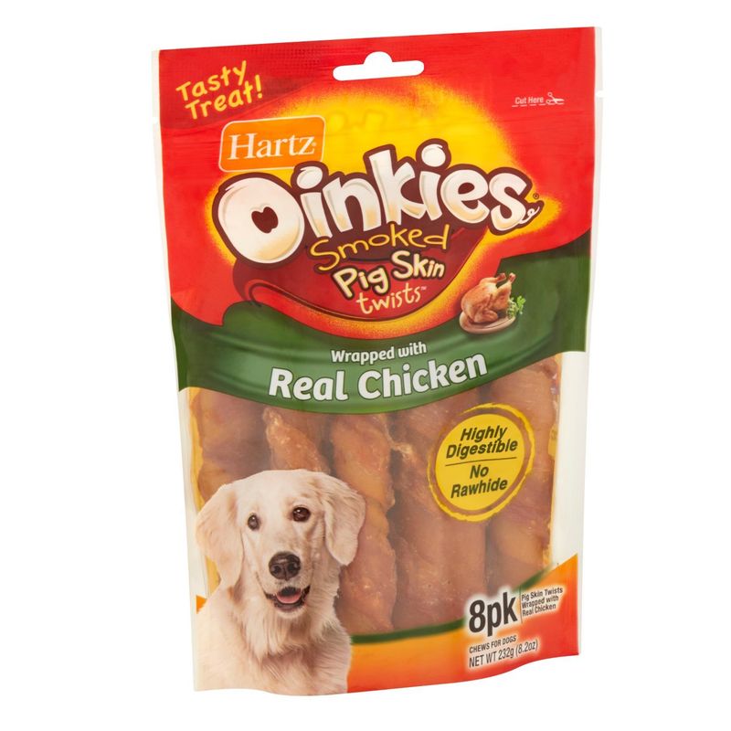 Hartz Oinkies Smoked Pig Skin Twists Wrapped with Real Chicken Chews for Dogs, 8 count, 8.2 oz