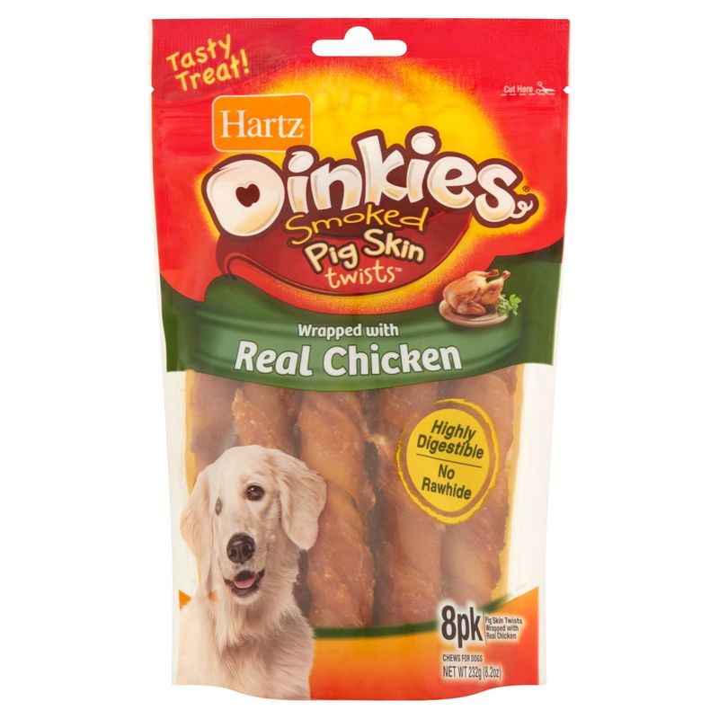 Hartz Oinkies Smoked Pig Skin Twists Wrapped with Real Chicken Chews for Dogs, 8 count, 8.2 oz