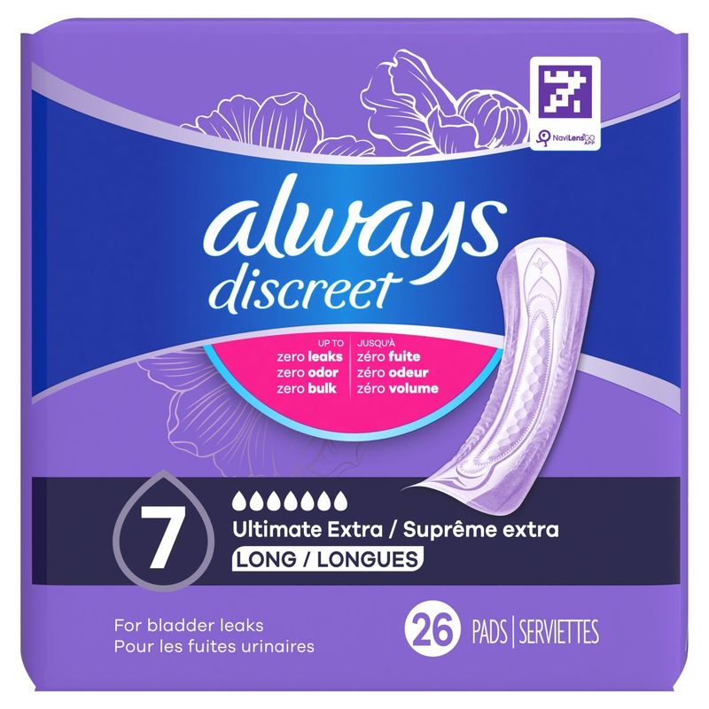 Always Discreet Adult Incontinence Pads for Women, Ultimate Extra Absorbency, Long Length, Postpart