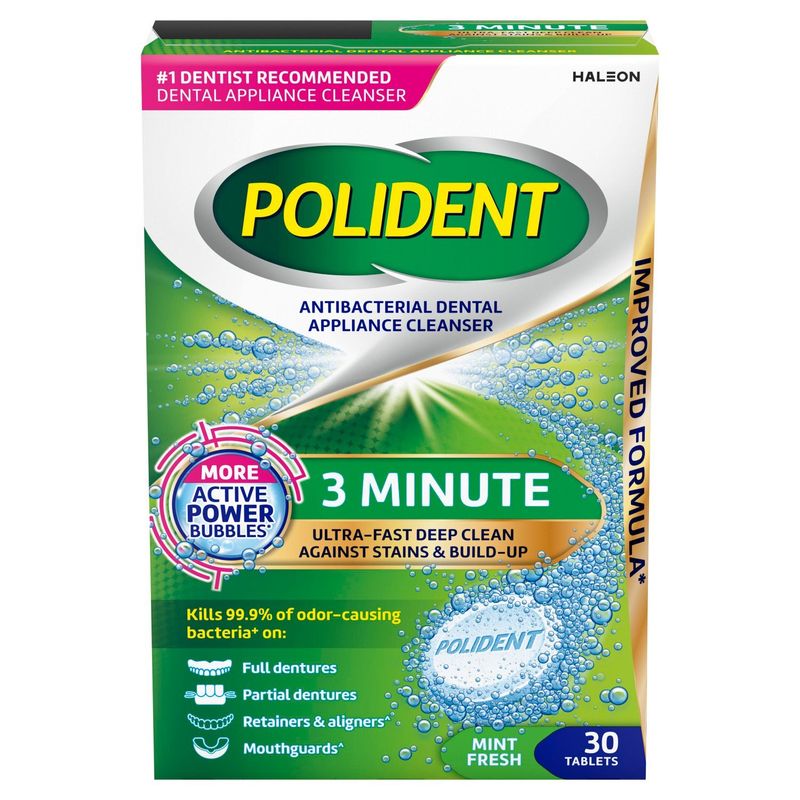 Polident Antibacterial Dental Appliance Cleanser 3 Minute Mint Fresh Tablets, 30 count