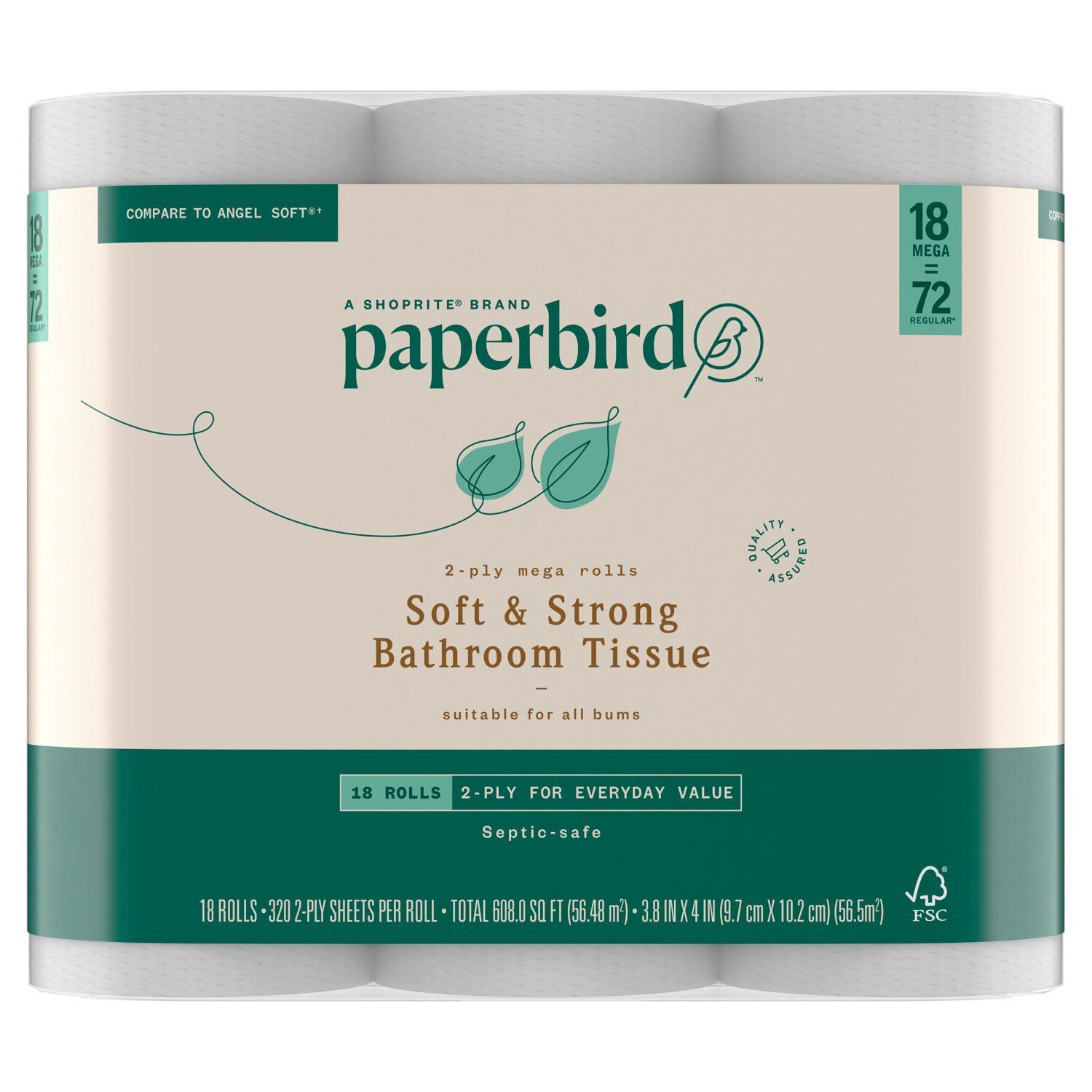 Paperbird Soft &amp; Strong Bathroom Tissue, 320 2-ply sheets per roll, 18 count