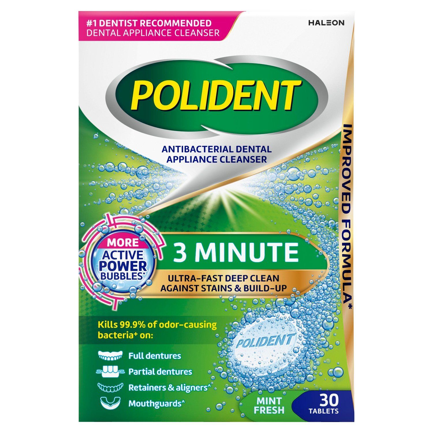 Polident Antibacterial Dental Appliance Cleanser 3 Minute Mint Fresh Tablets, 30 count