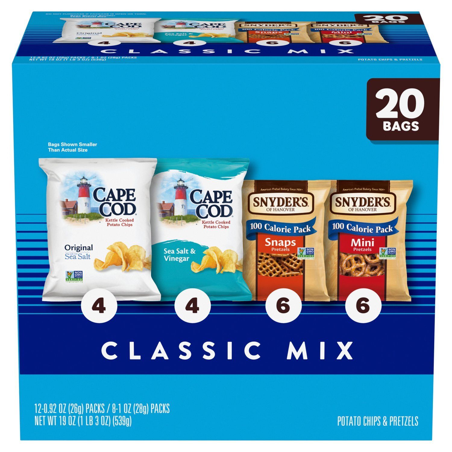 Snyder's of Hanover and Cape Cod Potato Chips &amp; Pretzel Classic Mix Variety Pack, 20 count, 19 oz