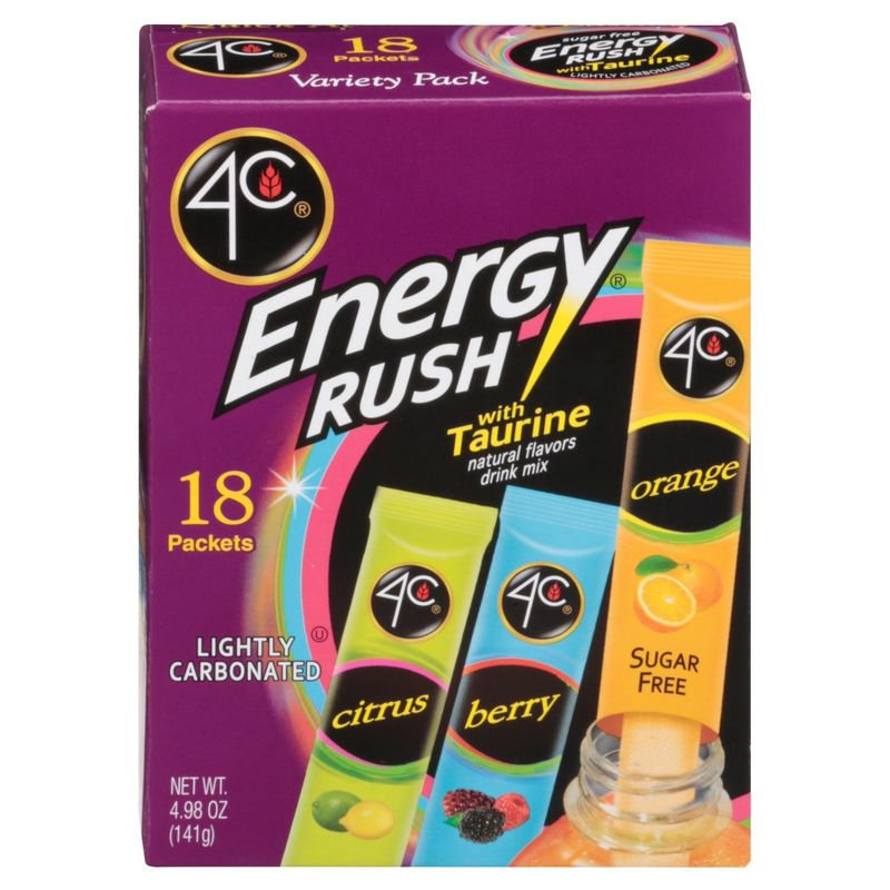 4C Sugar Free Energy Rush with Taurine Drink Mix Variety Pack, 18 count, 4.98 oz