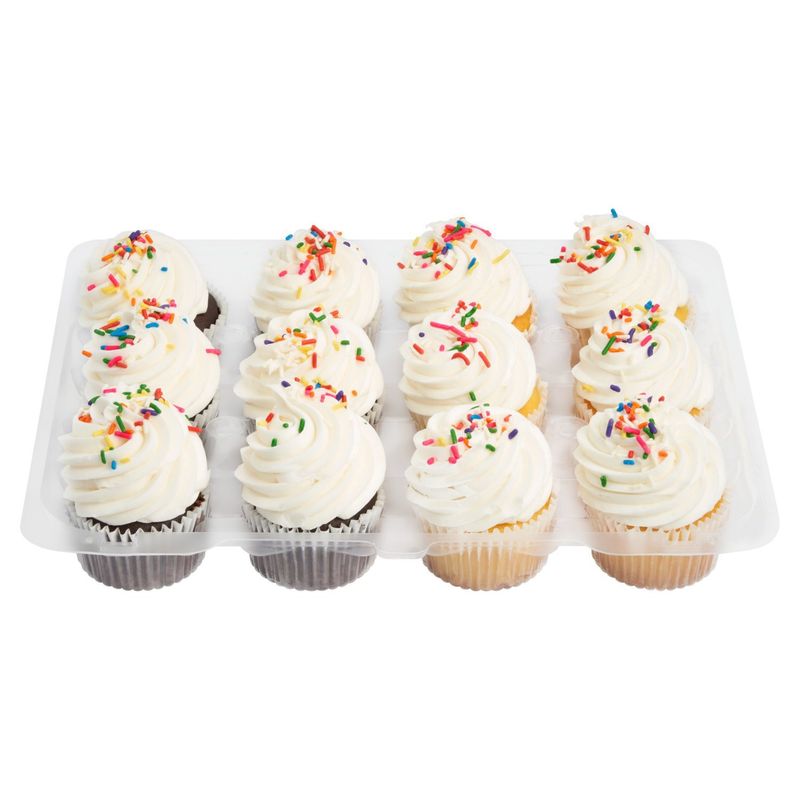 12 Pack Yellow &amp; Chocolate Cupcakes With Vanilla Icing