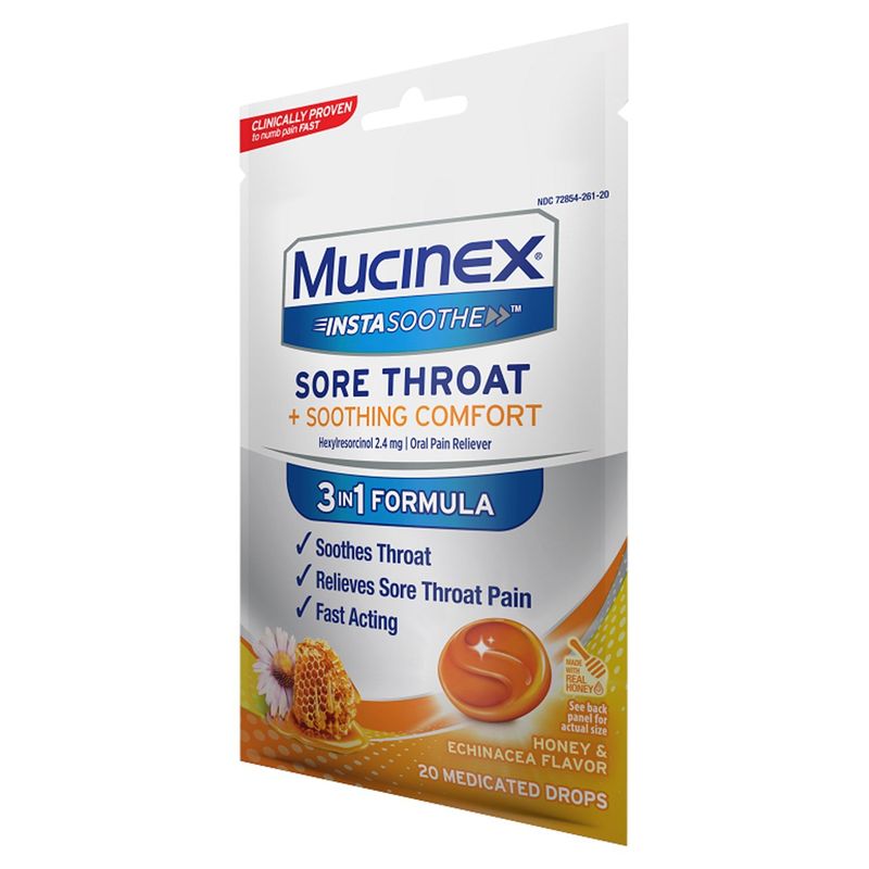 Mucinex InstaSoothe Sore Throat + Soothing Comfort Medicated Drops, 20 count