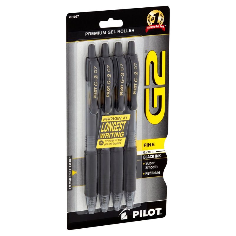 Pilot G2 Fine 0.7mm Black Ink Premium Gel Roller Pens, 4 count