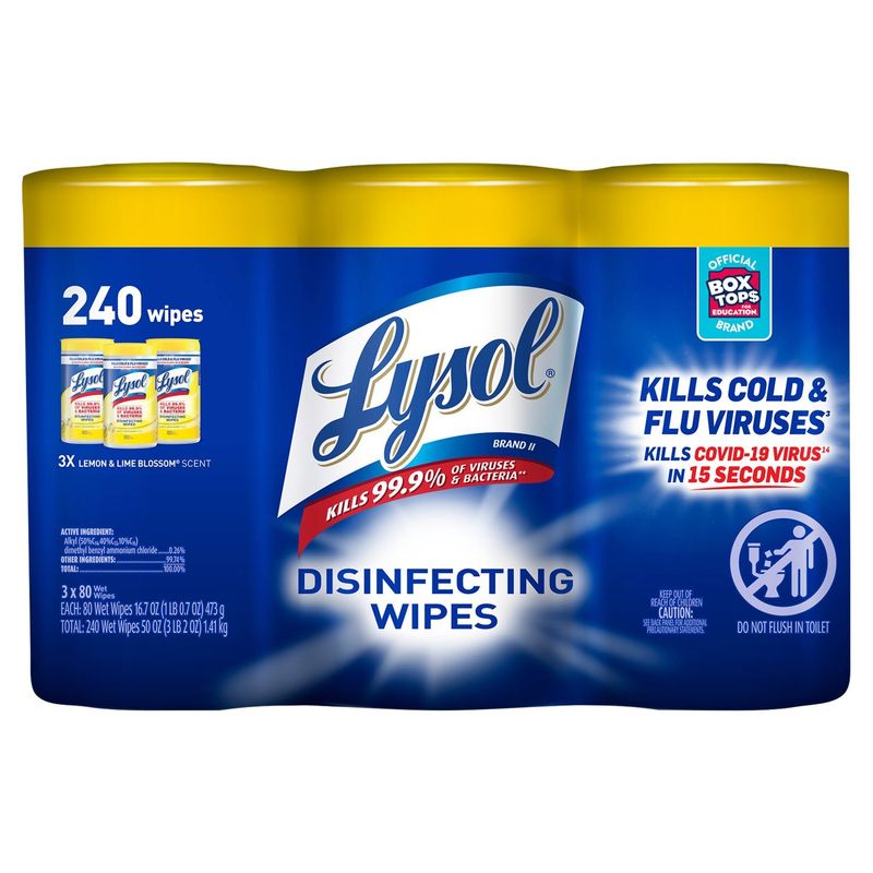 Lysol Lemon &amp; Lime Blossom Scent Disinfecting Wipes, 16.7 oz, 240 count, 3 pack