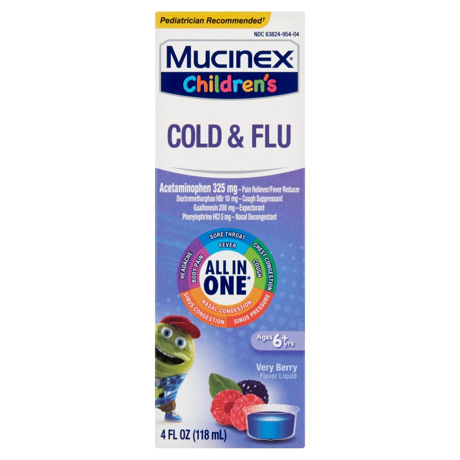 Mucinex Children's Cold &amp; Flu Very Berry Flavor Liquid, Ages 6+ yrs, 4 fl oz