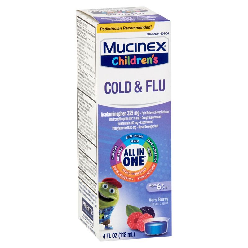 Mucinex Children's Cold &amp; Flu Very Berry Flavor Liquid, Ages 6+ yrs, 4 fl oz