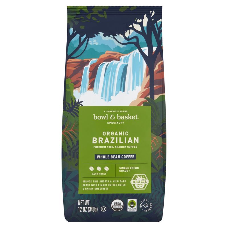Bowl &amp; Basket Specialty Organic Brazilian Dark Roast Whole Bean Coffee, 12 oz