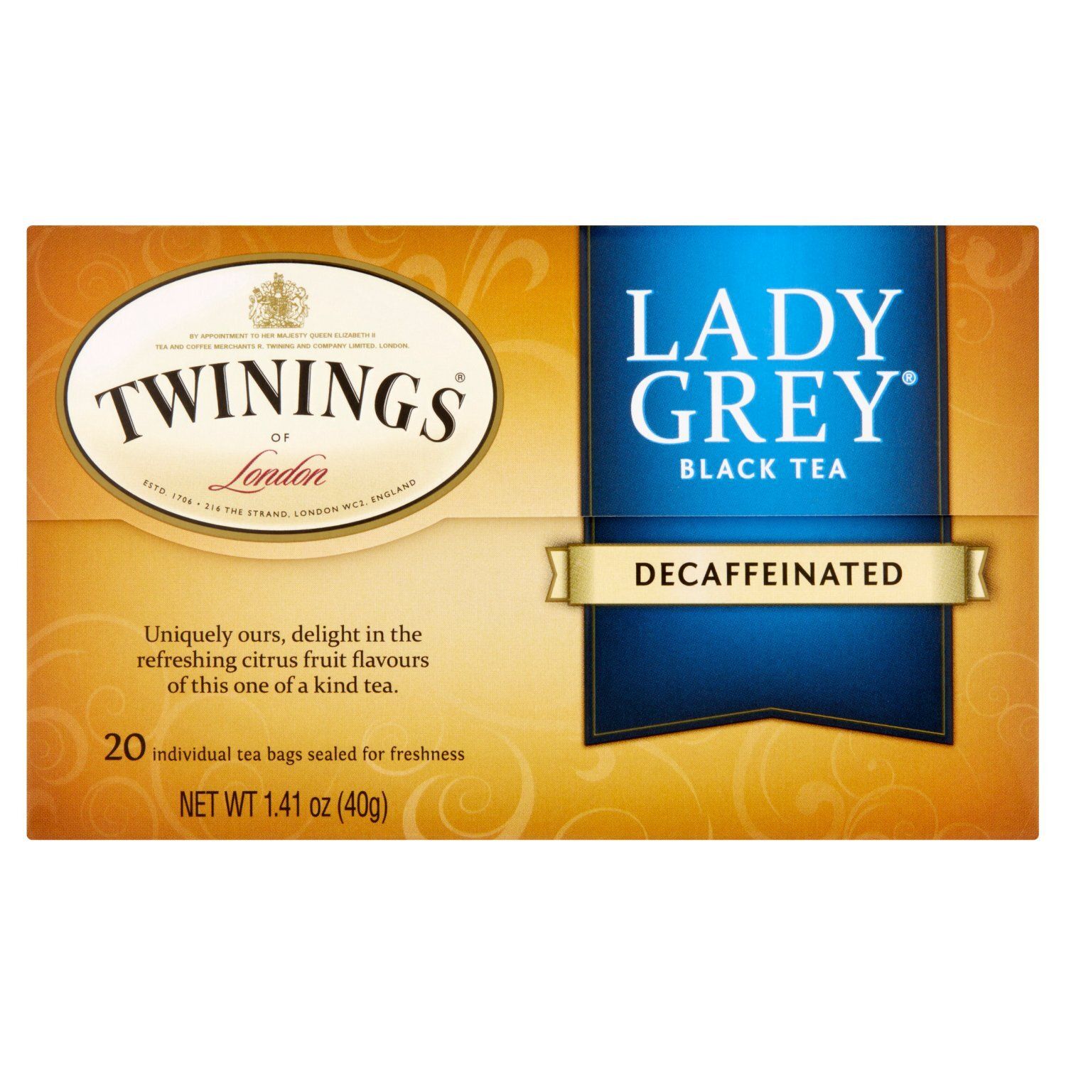 Twinings Decaffeinated Lady Grey Flavoured Black Tea Bags, 20 count, 1.41 oz