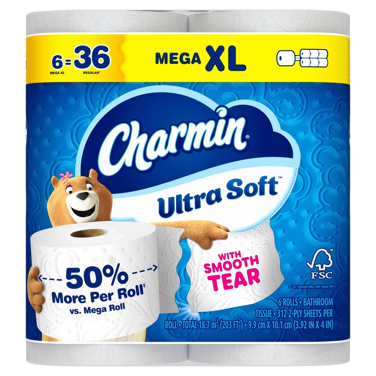 Charmin Ultra Soft Mega XL Toilet Paper, 312 2-ply sheets per roll, 6 count
