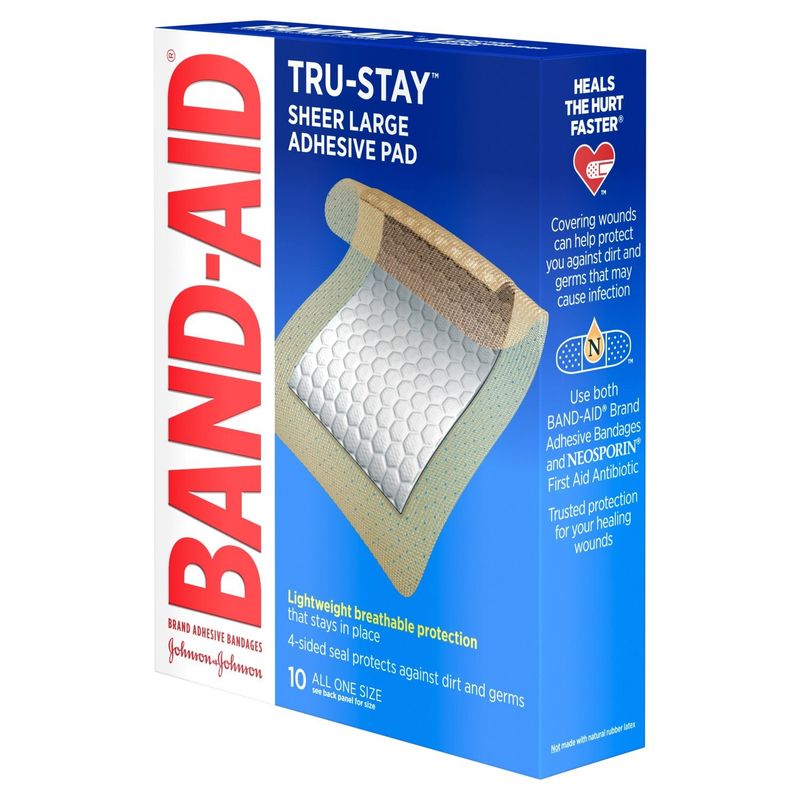Band-Aid Tru-Stay Sheer Large Adhesive Pad Bandages, 10 count