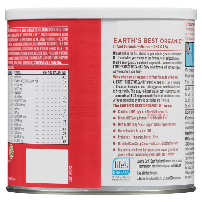 Earth's Best Organic Dairy Infant Formula with Iron Milk-Based Powder, 21 oz