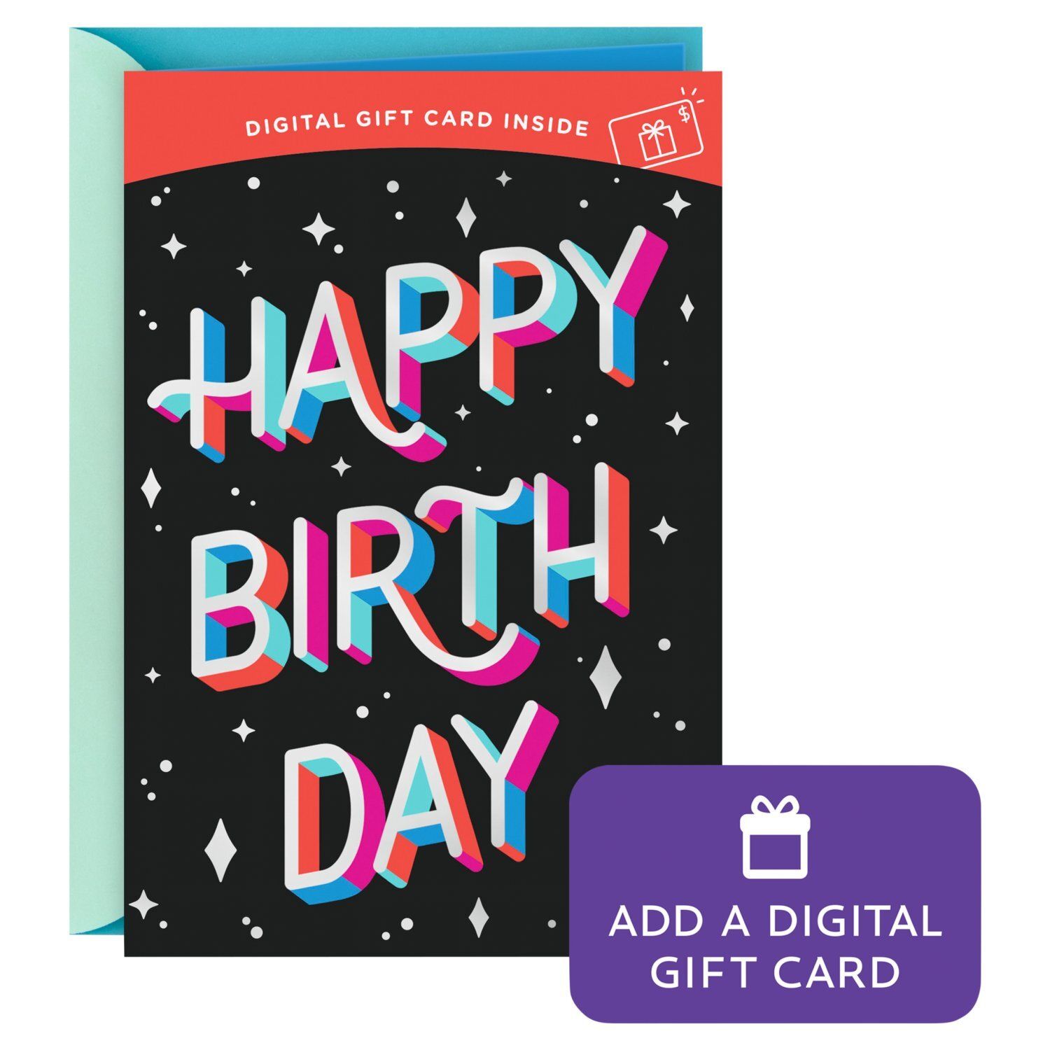 Hallmark Birthday Gift Card Greeting Card (Retro Letters and Stars) Add a Digital Gift Card for College Students, Grandchildren, Remote Coworkers