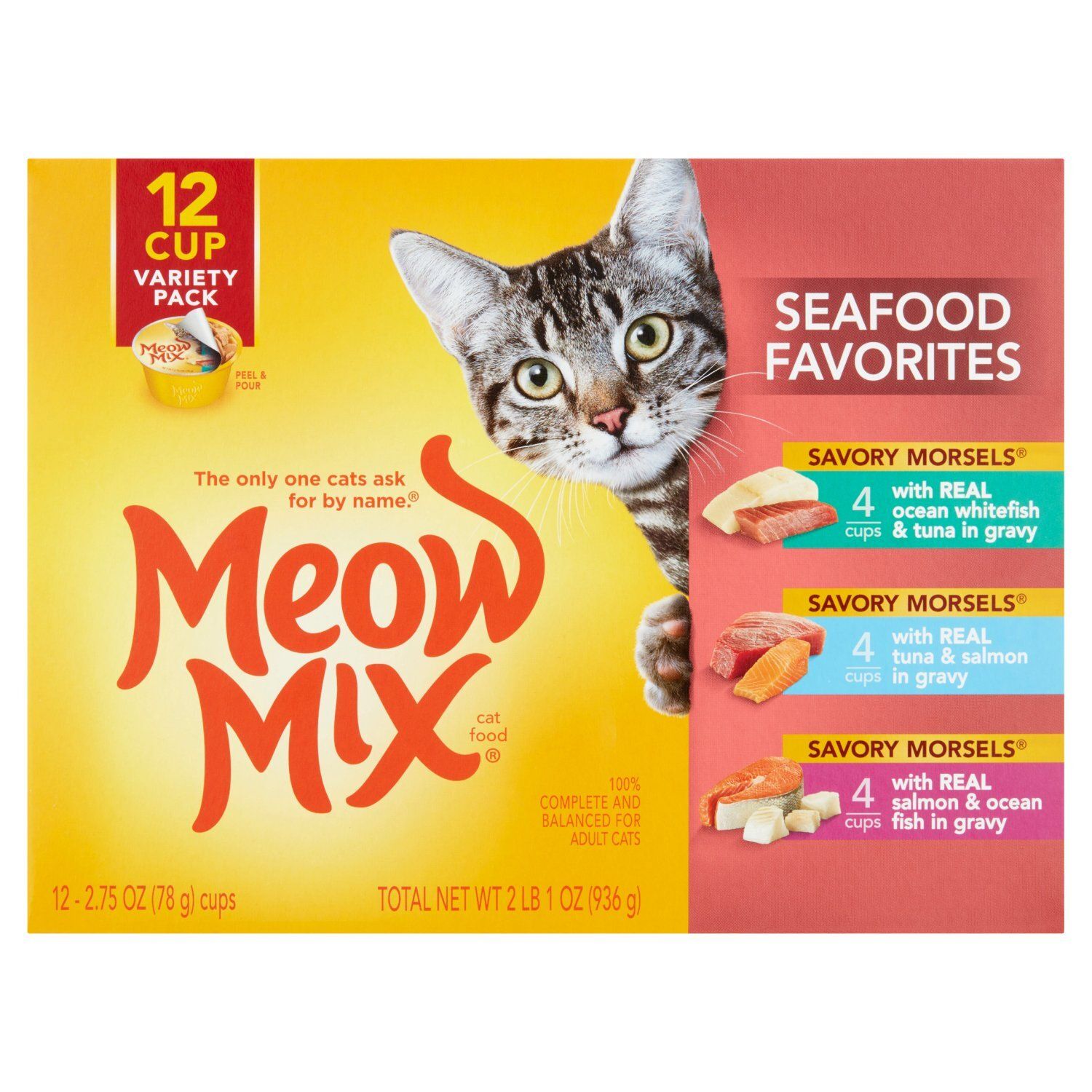 Meow Mix Savory Morsels Seafood Favorites Cat Food Variety Pack, 2.75 oz, 12 count