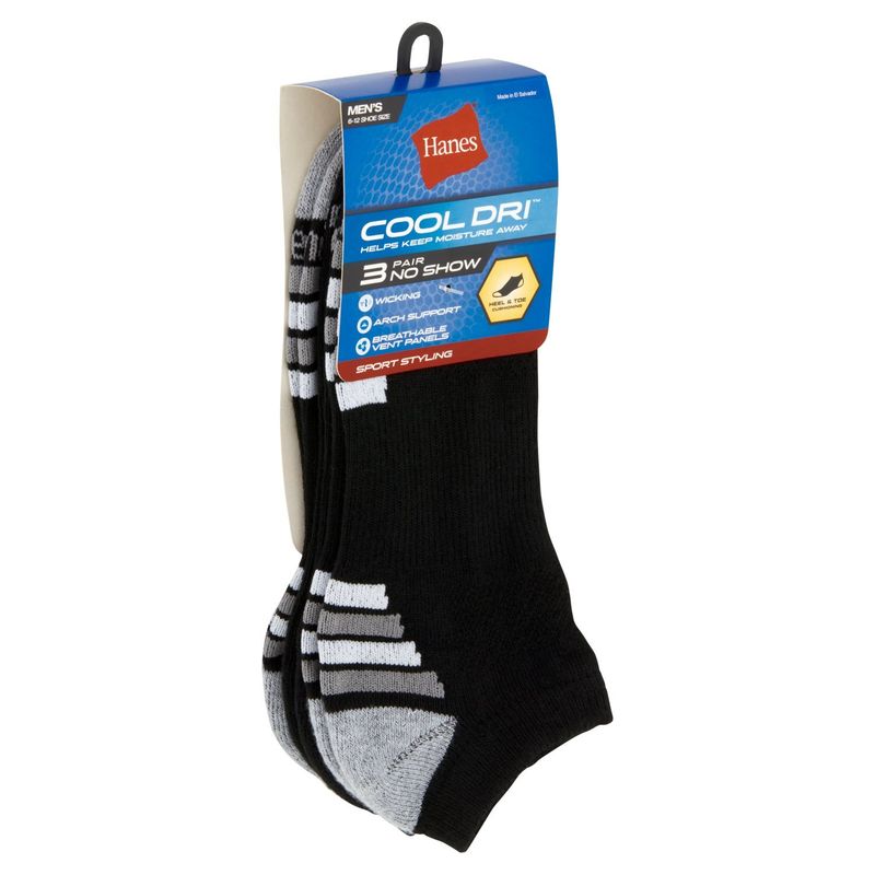 Hanes Cool Dri Men's No Show Sport Styling Socks, Shoe Size 6-12, 3 pair