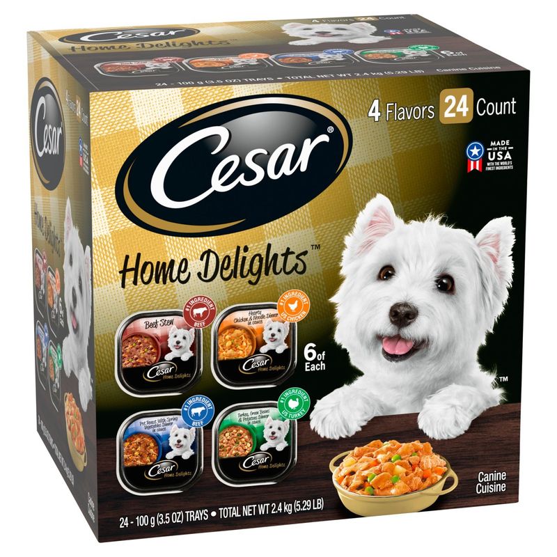 CESAR HOME DELIGHTS Wet Dog Food Pot Roast, Beef, Turkey, Chicken Noodle Var, (24) 3.5 oz. Trays