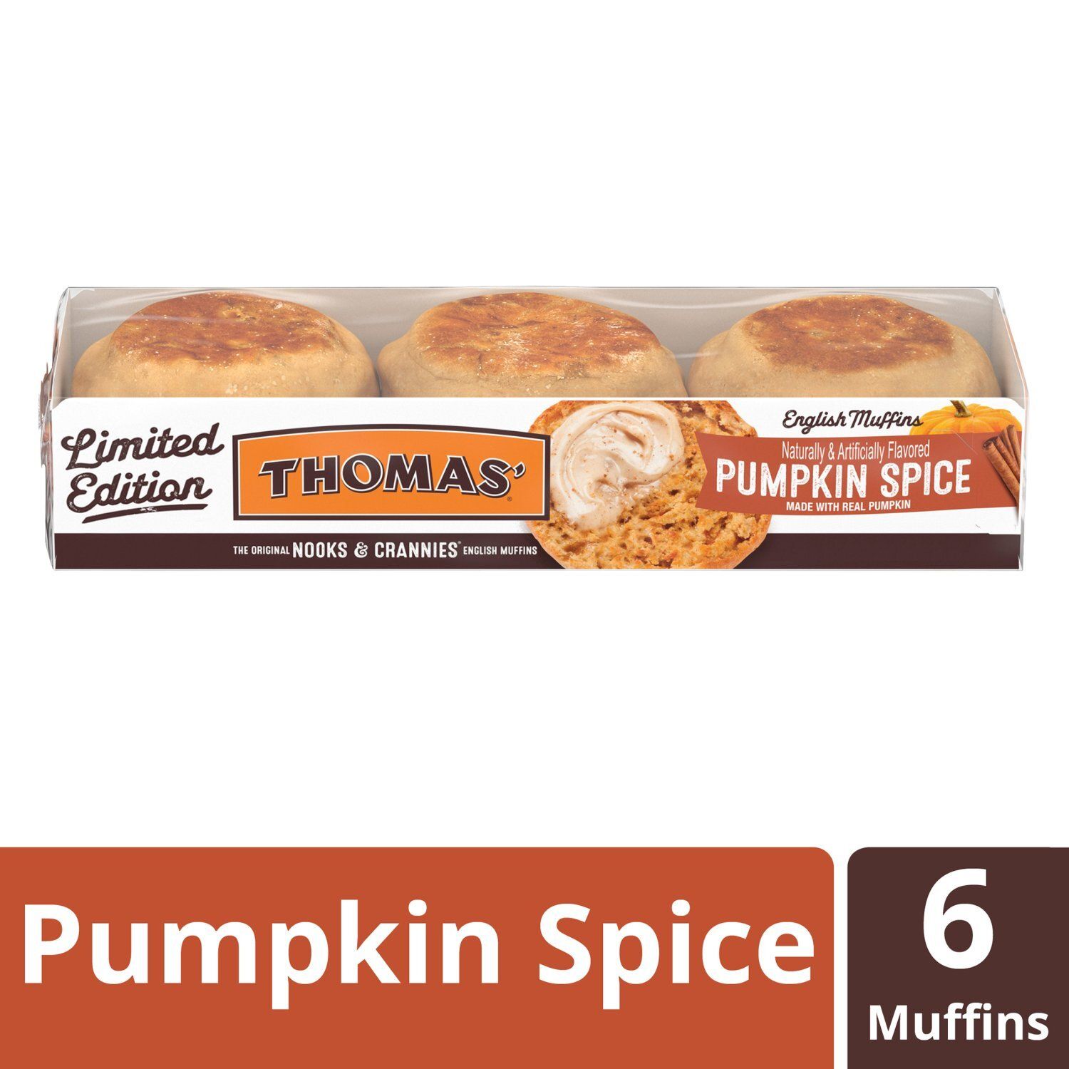 Thomas' Nooks &amp; Crannies Pumpkin Spice English Muffins Limited Edition, 6 count, 13 oz