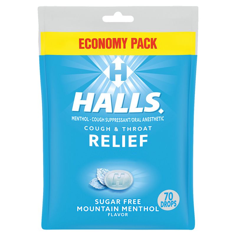 Halls Cough &amp; Throat Relief Sugar Free Mountain Menthol Flavor Drops Economy Pack, 70 count