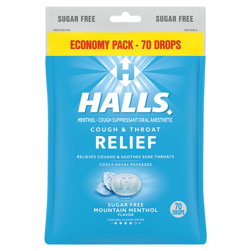 Halls Cough &amp; Throat Relief Sugar Free Mountain Menthol Flavor Drops Economy Pack, 70 count
