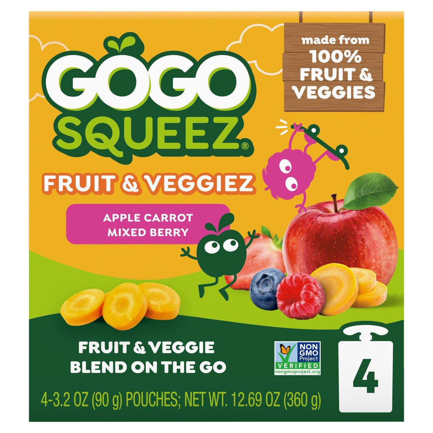 GoGo Squeez Apple Carrot Mixed Berry Fruit &amp; Veggiez, 3.2 oz, 4 count