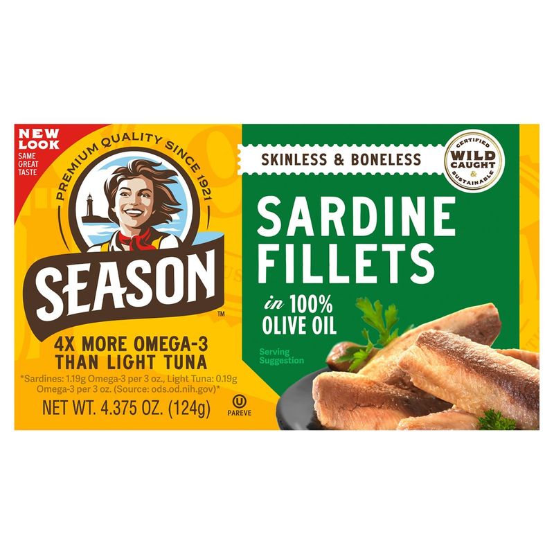 Season Skinless &amp; Boneless Sardine Fillets in 100% Olive Oil, 4.375 oz