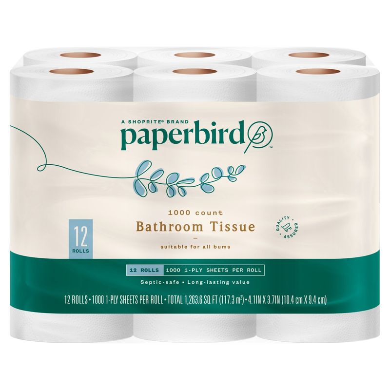 Paperbird Bathroom Tissue, 1000 1-ply sheets per roll, 12 count
