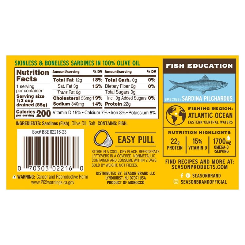 Season Skinless &amp; Boneless Sardine Fillets in 100% Olive Oil, 4.375 oz