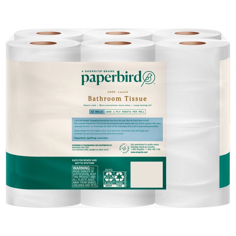 Paperbird Bathroom Tissue, 1000 1-ply sheets per roll, 12 count