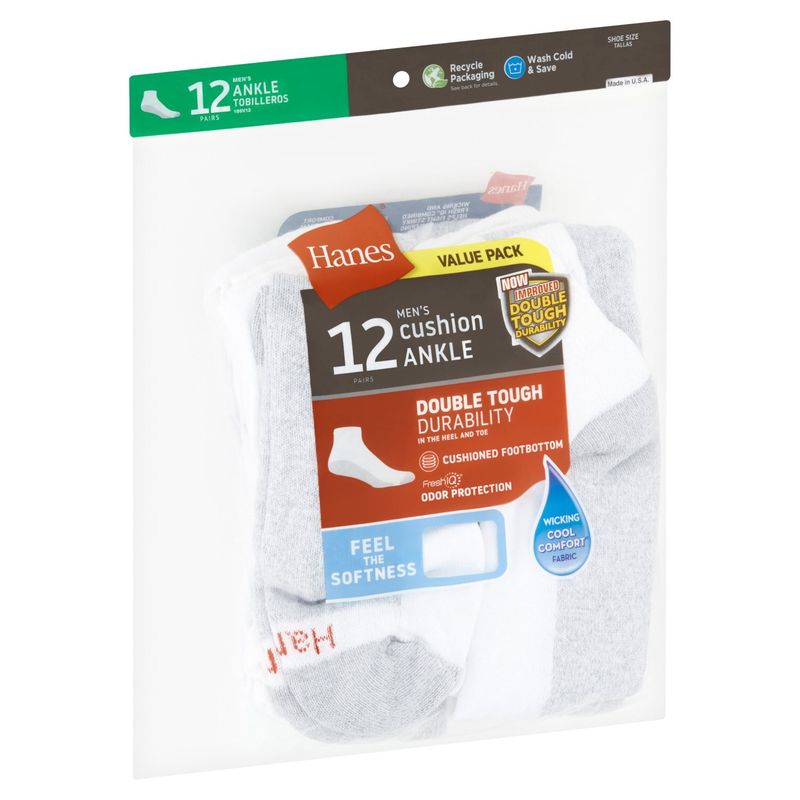 Hanes Men's Cushion Ankle Value Pack, Shoe Size 6-12, 12 pair