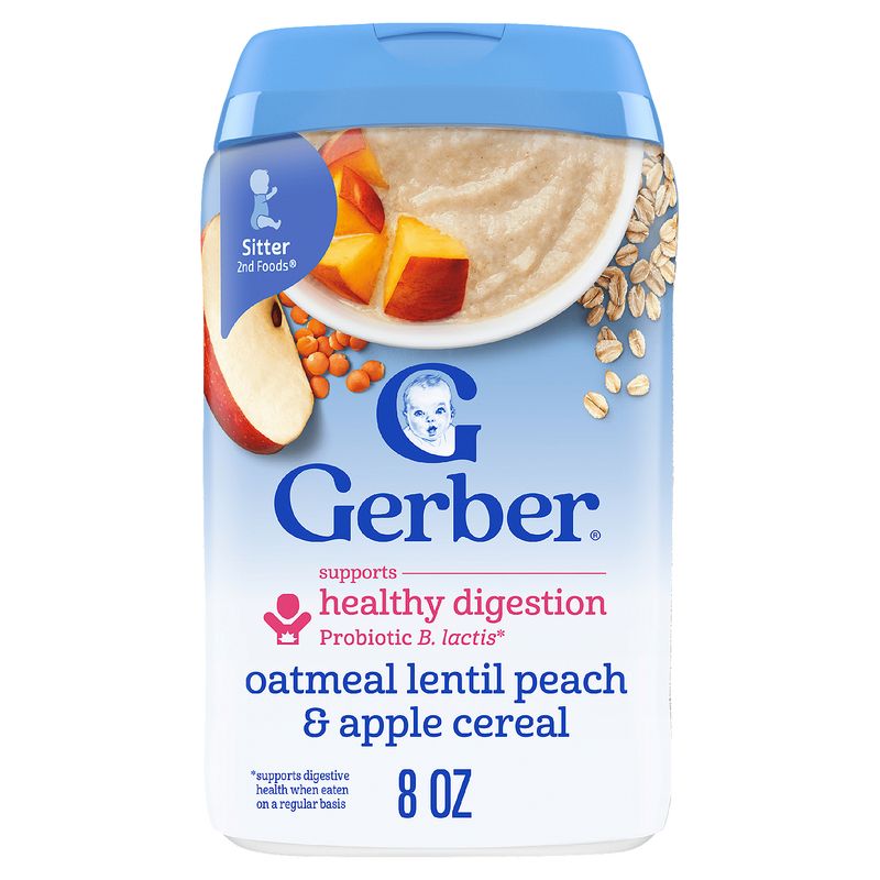 Gerber 2nd Foods Oatmeal Lentil Peach &amp; Apple Cereal Baby Food, Sitter, 8 oz