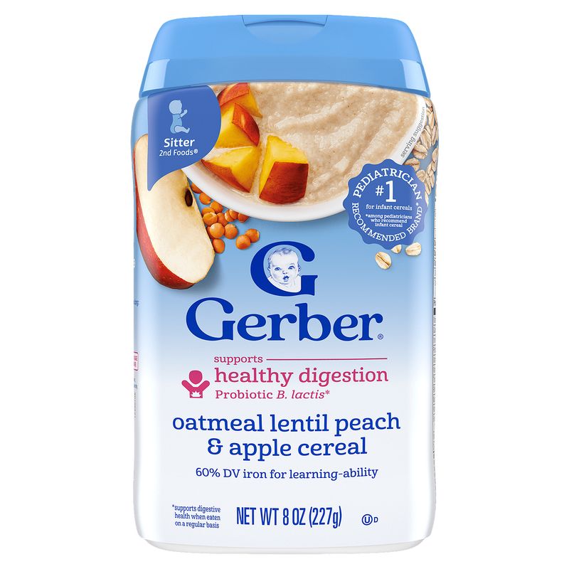 Gerber 2nd Foods Oatmeal Lentil Peach &amp; Apple Cereal Baby Food, Sitter, 8 oz