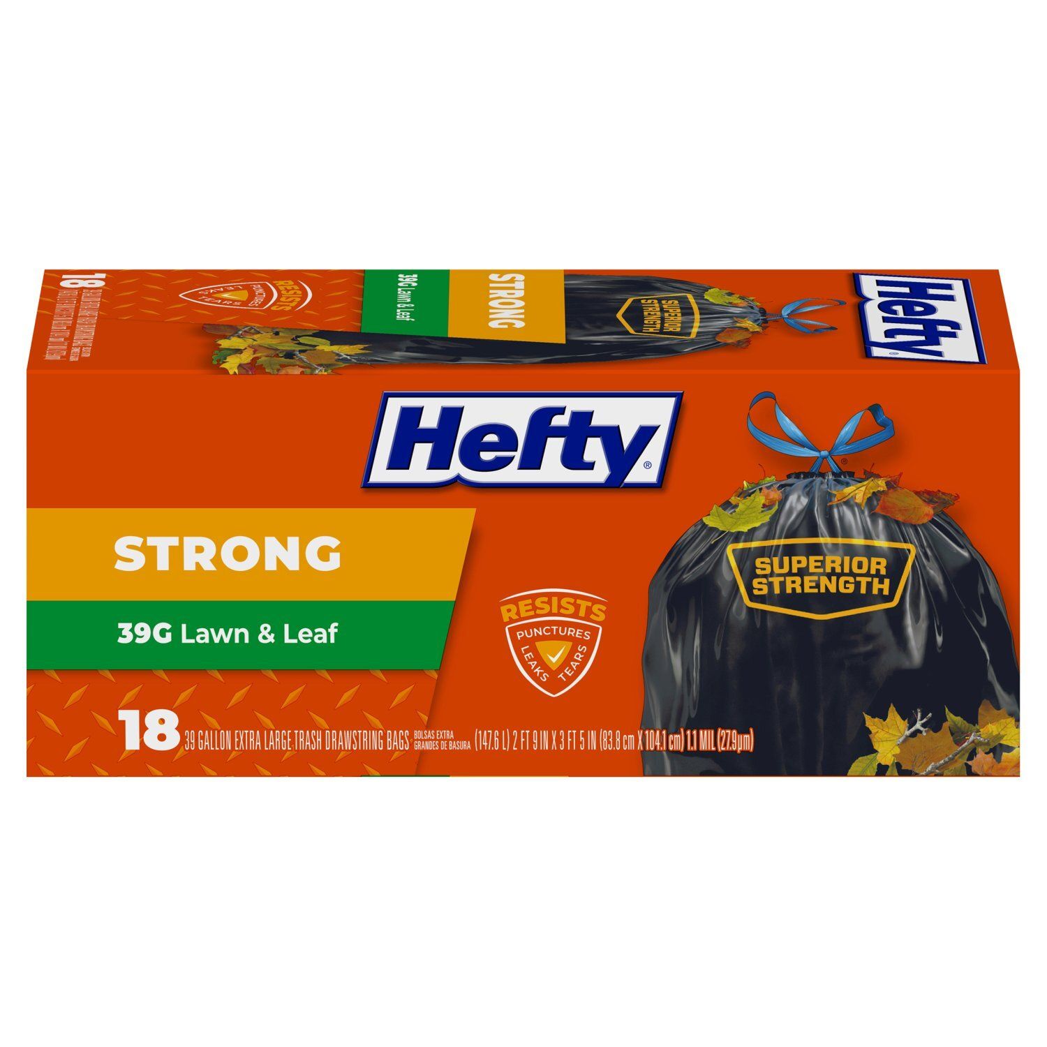 Hefty Strong 39G Lawn &amp; Leaf Trash Drawstring Bags, Extra Large, 18 count