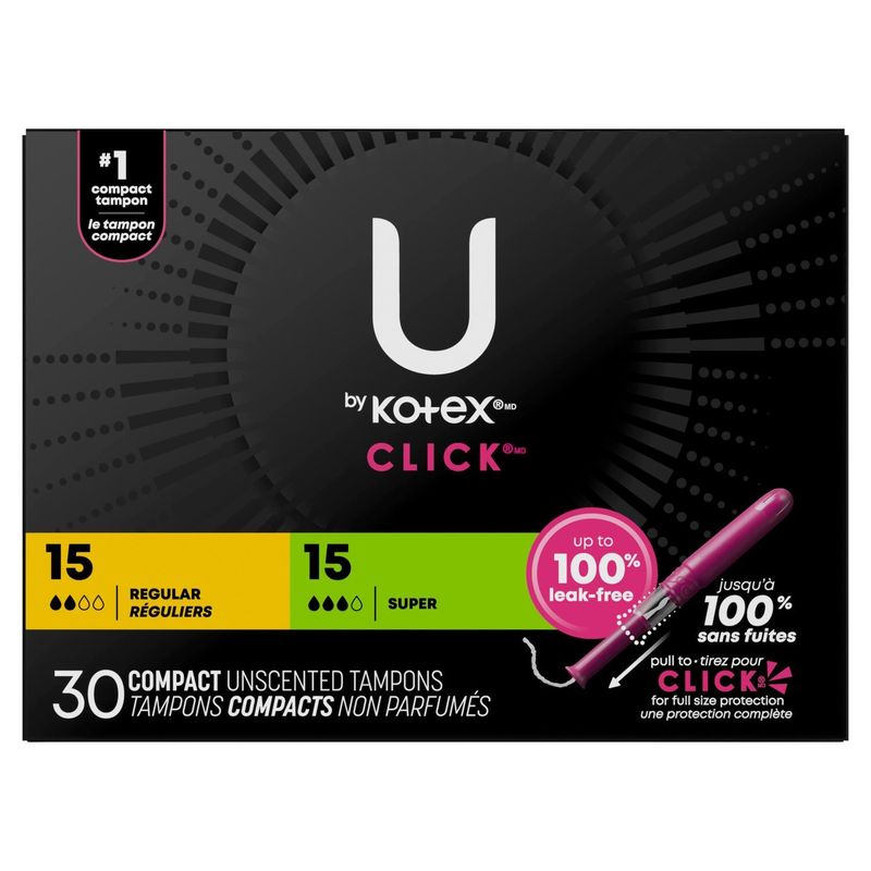 U by Kotex Click Regular and Super Compact Unscented Tampons, 30 count