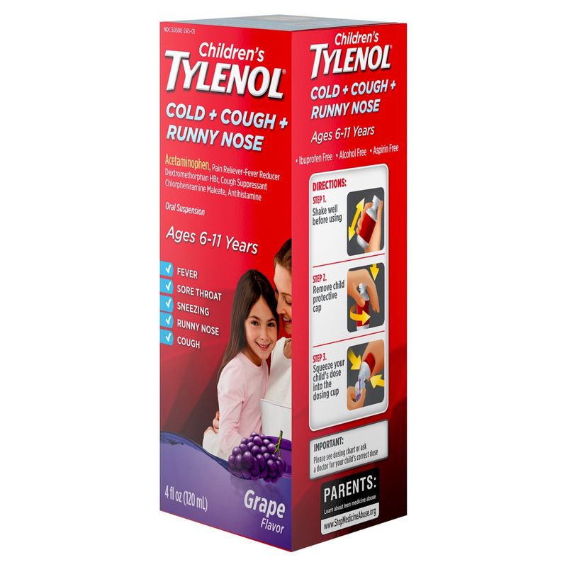Tylenol Children's Cold + Cough + Runny Nose Grape Flavor Oral Suspension, Ages 6-11 Years, 4 fl oz
