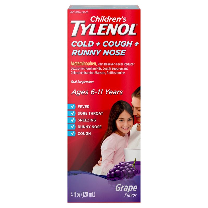 Tylenol Children's Cold + Cough + Runny Nose Grape Flavor Oral Suspension, Ages 6-11 Years, 4 fl oz