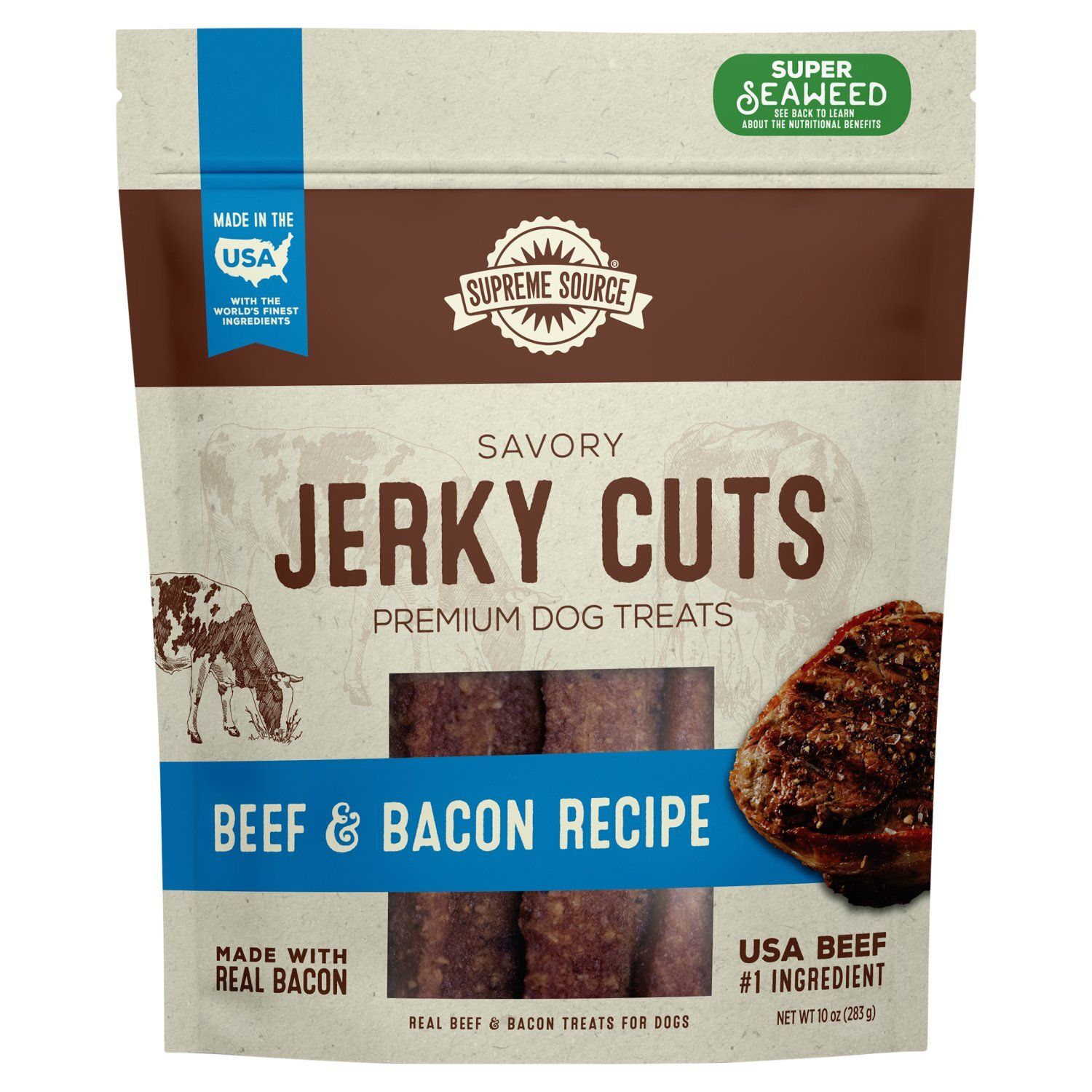 Supreme Source Beef &amp; Bacon Recipe Savory Jerky Cuts Premium Dog Treats, 10 oz