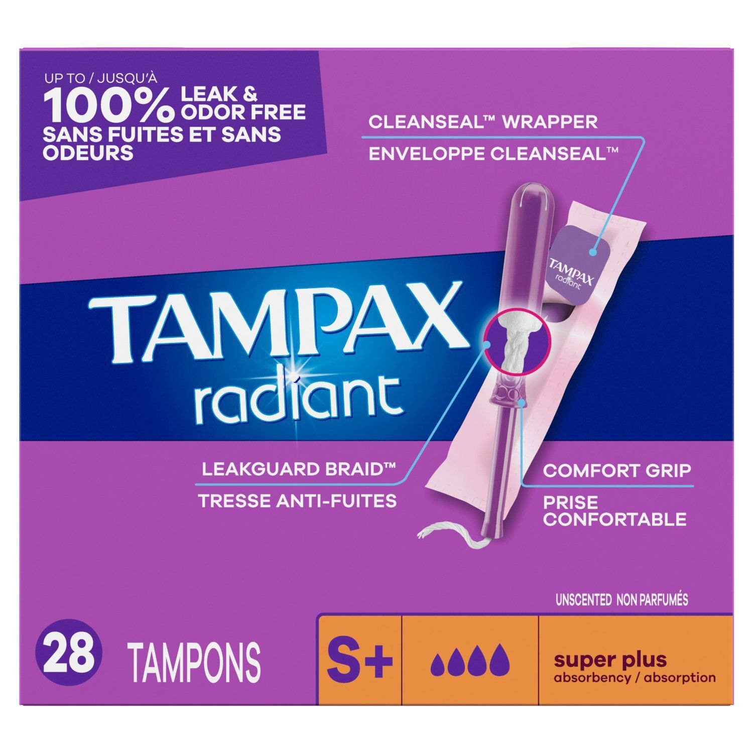 Tampax Radiant Super Plus Absorbency Unscented Tampons, S+, 28 count