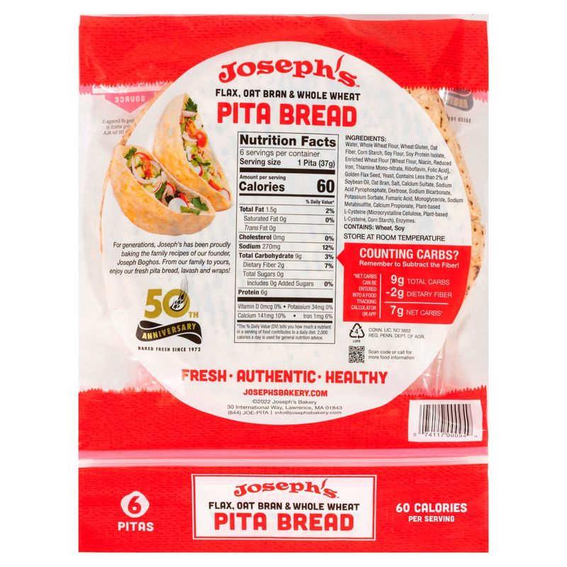 Joseph's Flax, Oat Bran &amp; Whole Wheat Pita Bread, 6 count, 8 oz